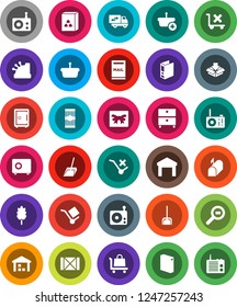 White Solid Icon Set- scoop vector, washing powder, cereal, pasta, archive, binder, safe, wood box, cargo, no trolley, warehouse, search, radio, mailbox, relocation truck, gift, cashbox, basket