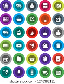 White Solid Icon Set- scoop vector, washing powder, cereal, pasta, archive, binder, first aid kit, wood box, cargo, no trolley, package, radio, relocation truck, cashbox, basket