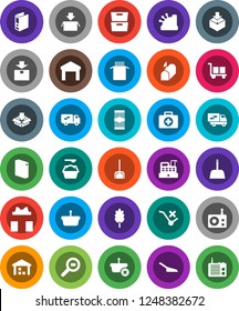 White Solid Icon Set- scoop vector, washing powder, cereal, pasta, archive, binder, first aid kit, cargo, no trolley, warehouse, package, search, radio, relocation truck, mailbox, gift, cashbox