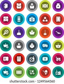 White Solid Icon Set- scoop vector, cereal, pasta, archive, binder, safe, first aid kit, wood box, cargo, no trolley, package, search, radio, mailbox, relocation truck, basket