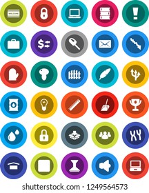 White Solid Icon Set- scoop vector, car fetlock, welcome mat, cook glove, mushroom, book, pen, ruler, case, notebook pc, award cup, exchange, crisis, dry cargo, oil barrel, speaker, group, mail