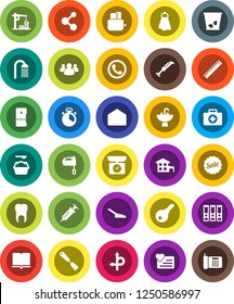 White Solid Icon Set- scoop vector, towel, trash bin, washing powder, shower, sink, cook timer, spatula, mixer, toaster, book, ruler, binder, molecule, heart monitor, first aid kit, route, group