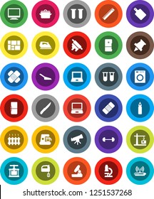 White Solid Icon Set- scoop vector, iron, pan, cook press, knife, rolling pin, cutting board, mixer, ruler, telescope, microscope, notebook pc, paper, barbell, punching bag, consolidated cargo, vial