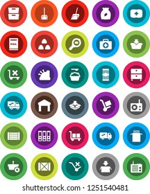 White Solid Icon Set- scoop vector, washing powder, cereal, pasta, archive, binder, first aid kit, wood box, cargo, no trolley, warehouse, search, radio, mailbox, relocation truck, cashbox, basket