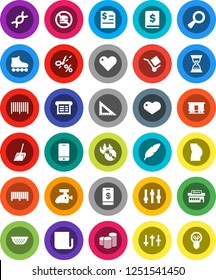 White Solid Icon Set- scoop vector, colander, pen, corner ruler, coin stack, annual report, sand clock, buttocks, roller Skates, no fastfood, cargo, Railway carriage, music hit, newspaper, settings