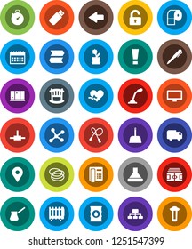 White Solid Icon Set- scoop vector, shining window, toilet paper, turk coffee, pen, hierarchy, calendar, stadium, stopwatch, jump rope, hoop, map pin, oil barrel, monitor, heart pulse, connect, crib