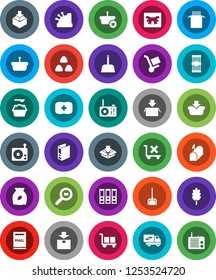 White Solid Icon Set- scoop vector, washing powder, cereal, pasta, binder, first aid kit, cargo, no trolley, package, search, radio, mailbox, relocation truck, gift, cashbox, basket