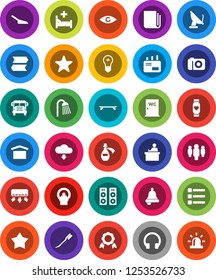 White Solid Icon Set- scoop vector, car fetlock, shower, water closet, student, bell, medal, school bus, man, skateboard, heart monitor, dry cargo, newspaper, headphones, favorites, eye, tomography