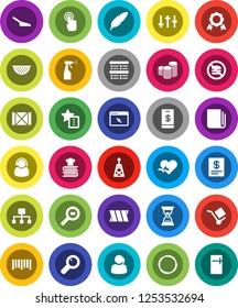 White Solid Icon Set- scoop vector, sprayer, colander, cookbook, pen, medal, exam, coin stack, sand clock, no fastfood, hoop, support, wood box, cargo, search, barcode, antenna, newspaper, settings