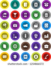 White Solid Icon Set- scoop vector, trash bin, iron, toilet brush, washing powder, measuring cup, oven, table lamp, alarm clock, case, bank building, tie, snickers, signpost, document, glass, sand