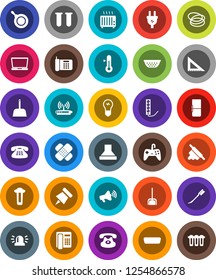 White Solid Icon Set- scoop vector, car fetlock, pan, colander, rolling pin, thermometer, corner ruler, paper, hoop, loudspeaker, classic phone, hdmi, vial, patch, siren, fridge, power plug, hood
