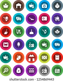 White Solid Icon Set- scoop vector, cereal, binder, safe, first aid kit, wood box, cargo, no trolley, warehouse, package, search, radio, mailbox, relocation truck, gift, basket