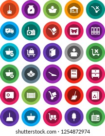 White Solid Icon Set- scoop vector, cereal, archive, binder, safe, wood box, cargo, no trolley, warehouse, mailbox, relocation truck, gift, basket, package, radio