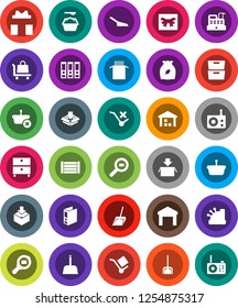White Solid Icon Set- scoop vector, washing powder, cereal, pasta, archive, binder, wood box, cargo, no trolley, warehouse, package, search, radio, gift, cashbox, basket
