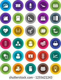 White Solid Icon Set- scoop vector, water closet, plates, potato, corner ruler, graph, coin stack, heart pulse, buttocks, bottle, stairways run, traffic light, support, big scales, Railway carriage