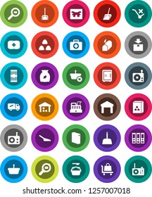 White Solid Icon Set- scoop vector, washing powder, cereal, pasta, binder, safe, first aid kit, no trolley, warehouse, package, cargo search, radio, relocation truck, mailbox, gift, cashbox, basket