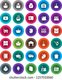 White Solid Icon Set- scoop vector, washing powder, cereal, pasta, archive, binder, safe, first aid kit, cargo, no trolley, warehouse, package, relocation truck, mailbox, cashbox, basket, radio