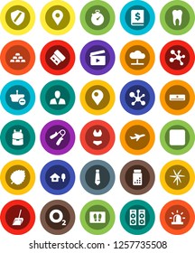 White Solid Icon Set- scoop vector, welcome mat, backpack, molecule, leaf, annual report, tie, gold ingot, stopwatch, pills vial, hand trainer, swimsuite, oxygen, plane, cinema clap, backward button
