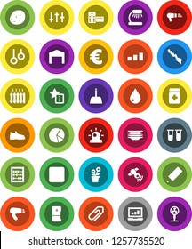 White Solid Icon Set- scoop vector, water drop, plates, potato, pencil, table lamp, abacus, pie graph, laptop, crisis, euro sign, snickers, gymnast rings, sorting, satellitie, settings, vial, barn
