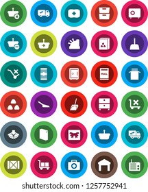 White Solid Icon Set- scoop vector, washing powder, cereal, pasta, archive, safe, first aid kit, wood box, cargo, no trolley, warehouse, mailbox, relocation truck, gift, cashbox, basket, package