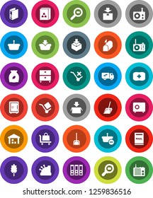 White Solid Icon Set- scoop vector, cereal, archive, binder, safe, first aid kit, cargo, no trolley, warehouse, package, search, radio, mailbox, relocation truck, cashbox, basket