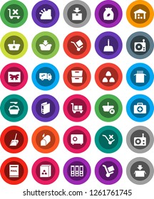 White Solid Icon Set- scoop vector, washing powder, cereal, pasta, archive, binder, safe, first aid kit, cargo, no trolley, warehouse, package, radio, mailbox, relocation truck, gift, cashbox