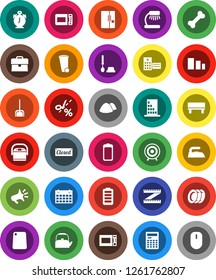 White Solid Icon Set- scoop vector, trash bin, iron, toilet brush, plates, garbage pile, kettle, cutting board, microwave oven, table lamp, calculator, alarm clock, case, measuring, target, calendar