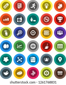 White Solid Icon Set- scoop vector, towel, splotch, egg, steak, schedule, award cup, world, graph, annual report, medal, no smoking, run, route, map pin, port, sorting, barcode, radio, touchscreen