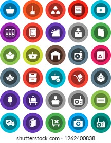 White Solid Icon Set- scoop vector, washing powder, cereal, archive, binder, safe, first aid kit, wood box, cargo, no trolley, warehouse, package, radio, mailbox, relocation truck, cashbox, basket
