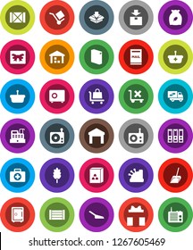 White Solid Icon Set- scoop vector, washing powder, cereal, binder, safe, first aid kit, wood box, cargo, no trolley, warehouse, package, radio, mailbox, relocation truck, gift, cashbox, basket