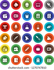 White Solid Icon Set- scoop vector, bucket, washer, sink, water tap, pan, cook press, whisk, rolling pin, microwave oven, ruler, backpack, paper, cinema clap, loudspeaker, speaker, thumbtack, server