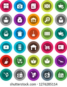 White Solid Icon Set- scoop vector, washing powder, cereal, pasta, archive, safe, first aid kit, wood box, cargo, no trolley, warehouse, package, search, radio, basket