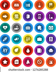 White Solid Icon Set- scoop vector, water drop, toilet brush, case, bell, document, personal information, leaf, graph, investment, binder, dollar flag, scales, prohibition sign, gymnast rings, arrow