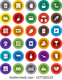 White Solid Icon Set- scoop vector, sponge, trash bin, iron, washing powder, rubber glove, oil, microwave oven, graduate hat, abacus, glass, big scales, gamepad, play button, hdmi, sale signboard