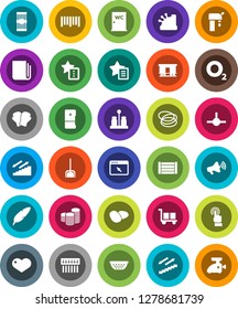 White Solid Icon Set- scoop vector, water closet, colander, spices, pasta, potato, pen, coin stack, boxing glove, stairways run, hoop, oxygen, wood box, cargo, barcode, Railway carriage, newspaper