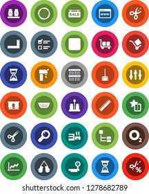 White Solid Icon Set- scoop vector, colander, spices, corner ruler, exam, graph, sand clock, boxing glove, hoop, oxygen, cargo, big scales, Railway carriage, settings, backward button, magnifier