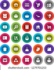 White Solid Icon Set- scoop vector, washing powder, cereal, pasta, archive, binder, safe, first aid kit, wood box, cargo, no trolley, warehouse, package, search, radio, mailbox, gift, cashbox