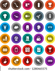 White Solid Icon Set- scoop vector, clothespin, iron, drying clothes, cleaning agent, garbage pile, oil, ladle, mushroom, tie, skateboard, shuttlecock, signpost, glass, microphone, battery, scissors