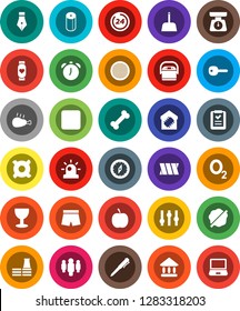 White Solid Icon Set- scoop vector, splotch, toilet paper, scales, sieve, chicken leg, pen, alarm clock, compass, university, man, any currency, diet, shorts, heart monitor, bone, oxygen, glass, key