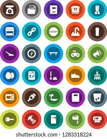 White Solid Icon Set- scoop vector, trash bin, toilet brush, cleaning agent, water tap, scales, mixer, microwave oven, egg, copybook, compass, bank building, snickers, skateboard, document, big, key