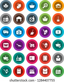 White Solid Icon Set- scoop vector, archive, safe, first aid kit, cargo, no trolley, warehouse, package, search, radio, mailbox, relocation truck, gift, cashbox, basket