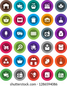 White Solid Icon Set- scoop vector, washing powder, cereal, pasta, archive, wood box, cargo, warehouse, package, search, radio, relocation truck, mailbox, gift, cashbox, basket, trolley