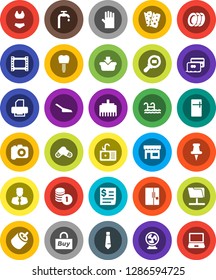 White Solid Icon Set- scoop vector, rubber glove, plates, sink, manager, coin stack, tie, swimsuite, breads, receipt, cargo search, film frame, camera, rca, pills, tooth implant, pool