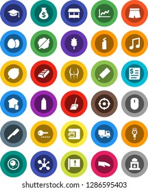 White Solid Icon Set- scoop vector, splotch, cleaning agent, scales, cook glove, knife, cereal, egg, graduate hat, pencil, music, molecule, leaf, graph, gold ingot, money bag, buttocks, shorts