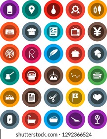 White Solid Icon Set- scoop vector, foam basin, pan, oil, cook hat, turk coffee, cake, pen, medal, constellation, japanese candle, dollar flag, personal information, yen sign, jump rope, map pin, tv