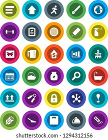 White Solid Icon Set- scoop vector, sprayer, kettle, measuring cup, sieve, dish, cereal, pen, pencil, molecule, magnifier, graph, dollar growth, bank building, arrow up, calendar, barbell, scales