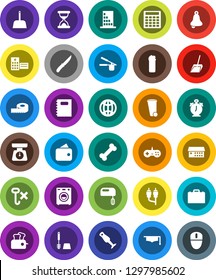 White Solid Icon Set- scoop vector, trash bin, toilet brush, cleaning agent, scales, cook press, knife, blender, copybook, graduate hat, case, bell, alarm clock, calculator, measuring, bone, no hook