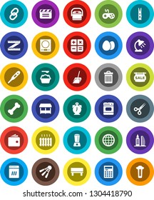 White Solid Icon Set- scoop vector, clothespin, trash bin, washing powder, egg, table lamp, calculator, alarm clock, wallet, measuring, shuttlecock, bone, cinema clap, gamepad, link, thermometer