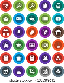 White Solid Icon Set- scoop vector, washing powder, cereal, pasta, archive, binder, first aid kit, wood box, cargo, no trolley, warehouse, search, radio, mailbox, relocation truck, gift, cashbox