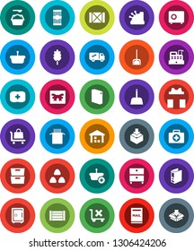 White Solid Icon Set- scoop vector, washing powder, cereal, pasta, archive, binder, safe, first aid kit, wood box, no trolley, warehouse, package, mailbox, relocation truck, gift, cashbox, basket